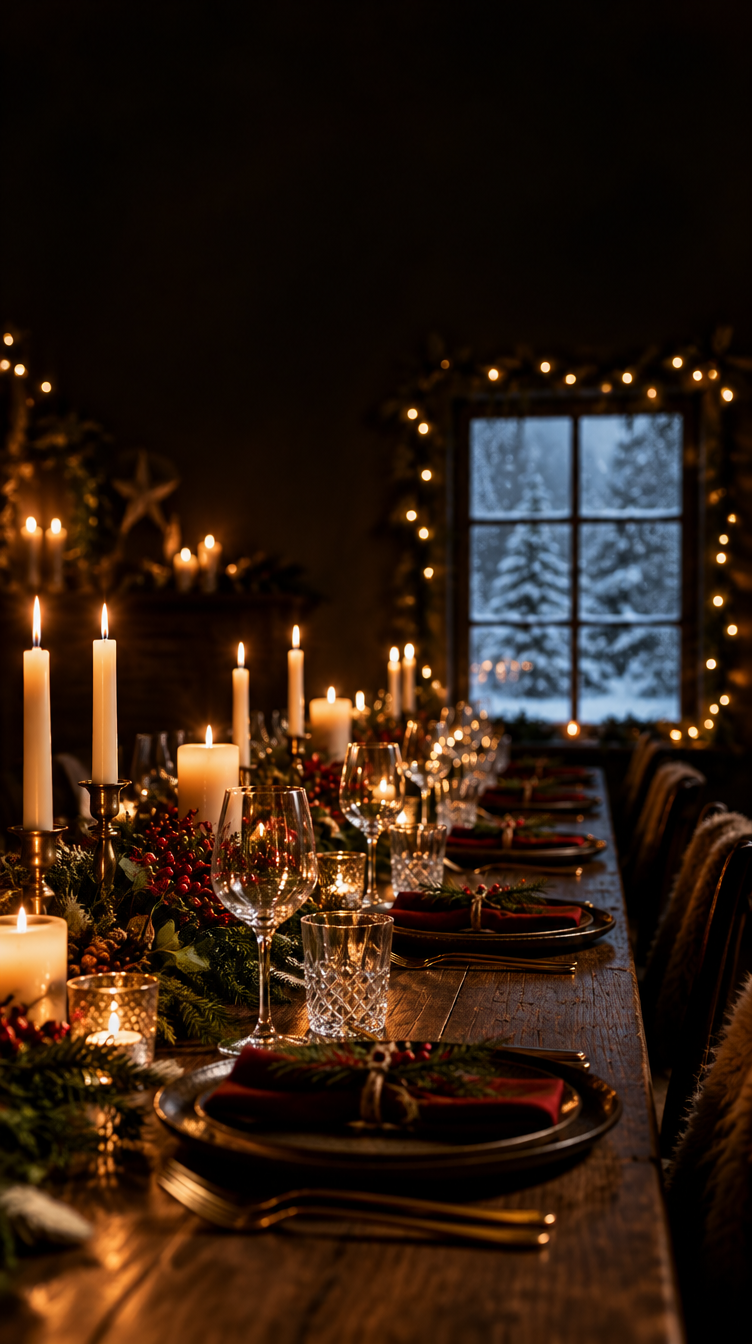 Dækket julebord med levende lys